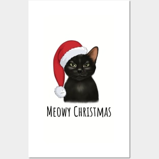 Black Cat With Santa Hat Posters and Art